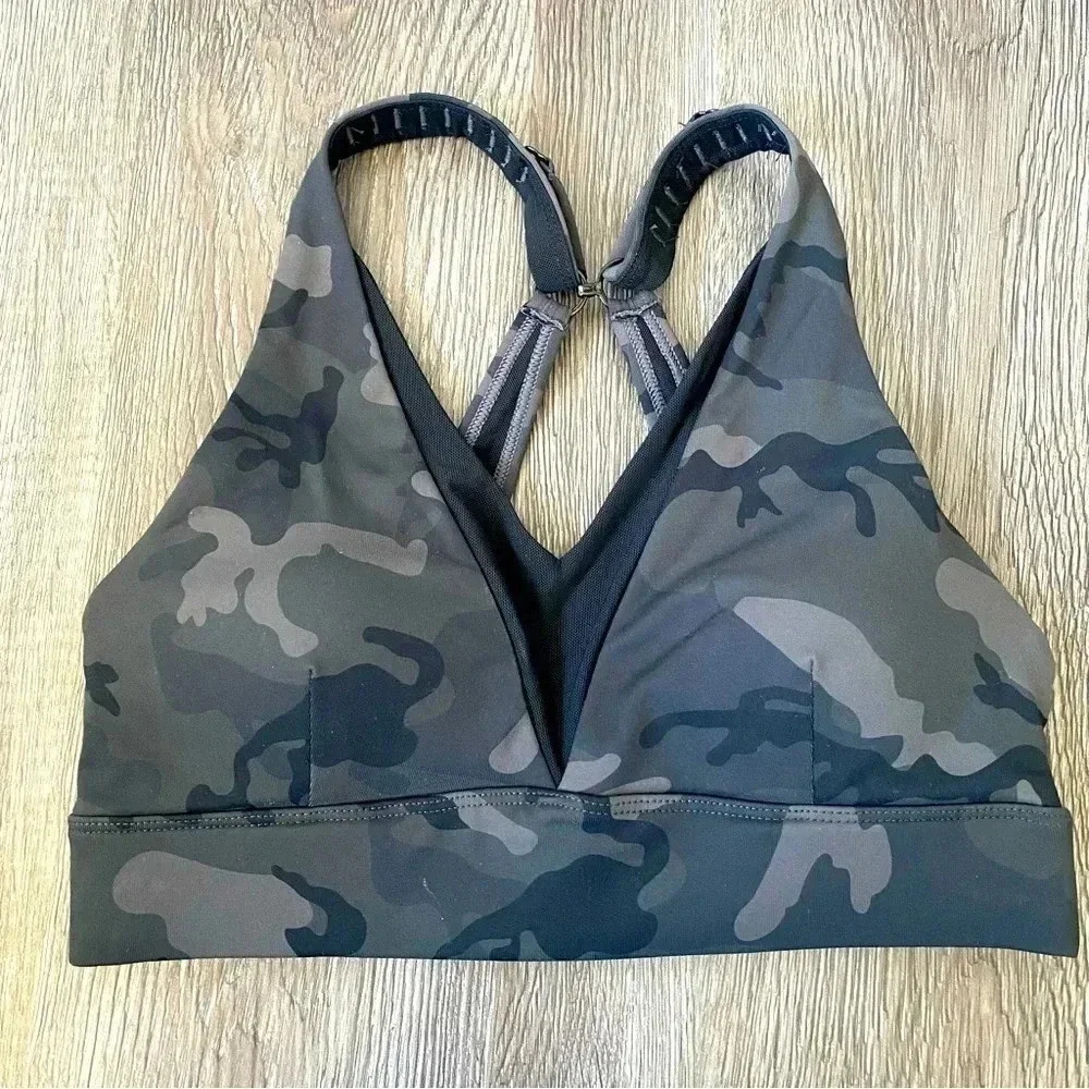 Zyia Forest Camo Adjustable Mesh Sports Bra Gray Black Camouflage: XS